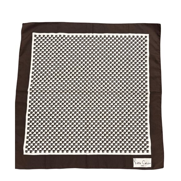 Vintage Pierre Cardin Paris Geometric Wave Print Silk Pocket Square Brown White - Picture 1 of 5